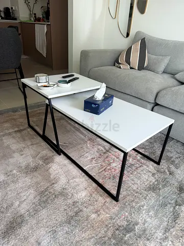 Set of 2 Modern White Nesting Coffee Tables with Black Metal Frame