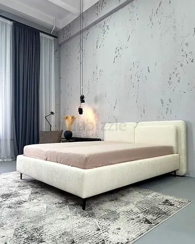 Modern upholstered double bed frame with low-profile headboard (cream)