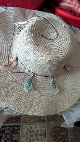 Wide Brim Straw Sun Hat with Leaf Charm Band - Light Beige
