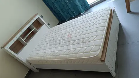 Duble 120x200 size bed frame with mattress — white wooden headboard
