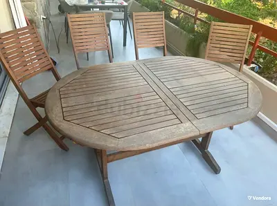 Solid Wood Outdoor Dining Table with 6 Folding Chairs - Weathered Finish