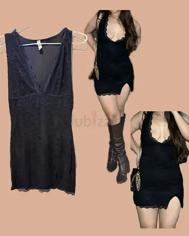 Black Lace V-Neck Mini Dress with Side Slit