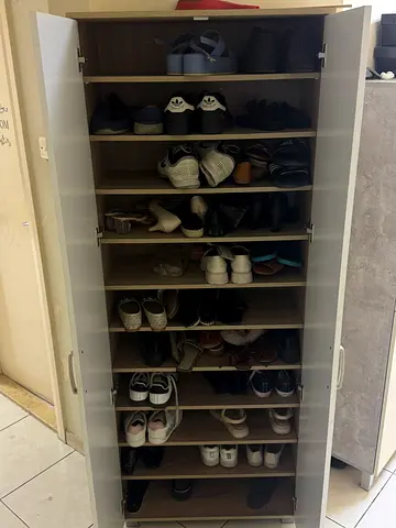 Wooden shoe cabinet with multiple shelves, holds 18+ pairs