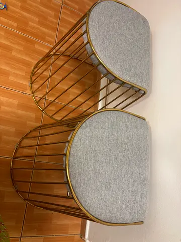 Pair of Gold Metal Wire Stools with Grey Cushions