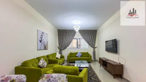 Sharjah, Al Taawun: Apartment featuring two rooms, a living room, a kitchen, two bathrooms, and a balcony.
