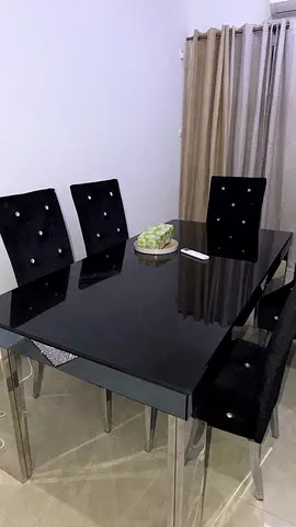 Modern 6 Seater Glass Top Black Dining Table with 6 Velvet Black Chairs