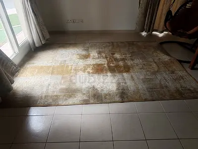 Large modern abstract beige-gold area rug - gently used