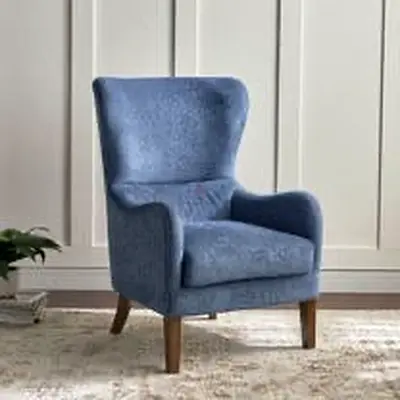 Blue Upholstered Wingback Accent Chair with Wooden Legs
