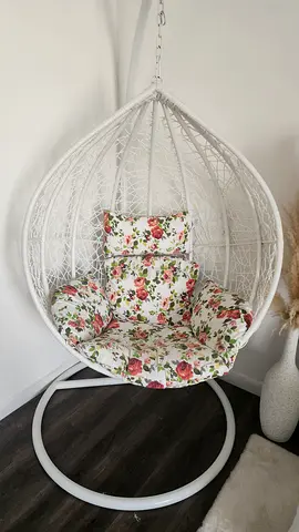 White Rattan Hanging Egg Chair with Floral Cushion