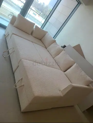 Cream Fabric Sectional Sofa Bed with Pull Out Sleeper