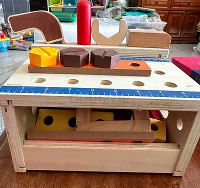 Heavy duty Wooden Toolbox Workbench Pretend Play Set - Pegs, Shapes & Tools