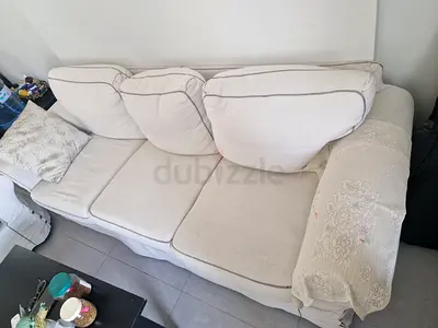 Beige/ white Fabric Sofa set 3 seats sofa and 2 single Armchairs - Good Condition - all washable