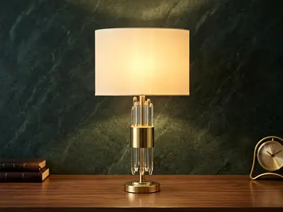 Brass and Crystal Table Lamp with Rectangular Fabric Shade (68cm)