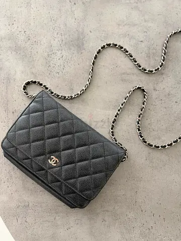 Chanel WOC (Wallet on Chain) Black Quilted Caviar Leather with Silver Chain