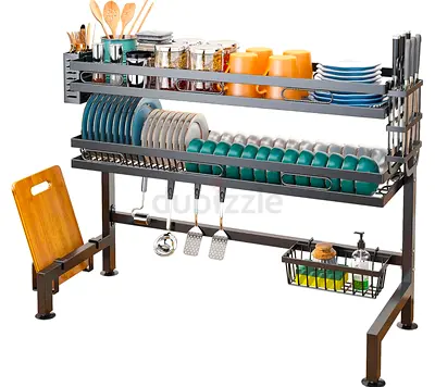 Two-tier Stainless Steel Over-sink Dish Rack with Utensil & Cutting Board Holder