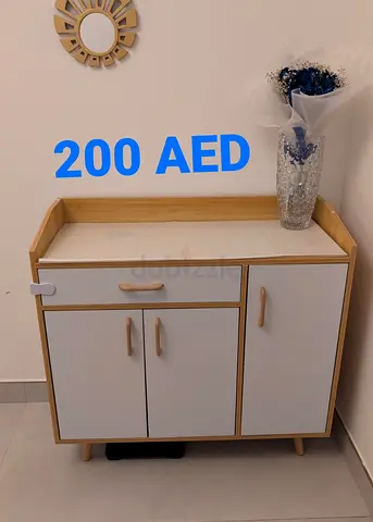 Small wooden shoe cabinet with drawer and cupboard - light oak & white
