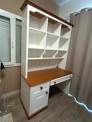 White and Wood Finish Study Desk with Bookshelf