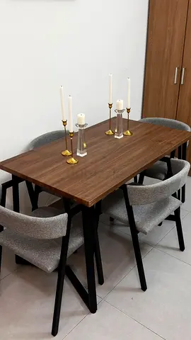 Modern Wooden Dining Table with 4 Grey Upholstered Chairs
