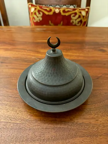 Vintage hammered metal decorative incense burner with crescent finial