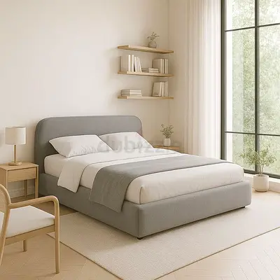 Gray upholstered double bed with low profile frame and headboard