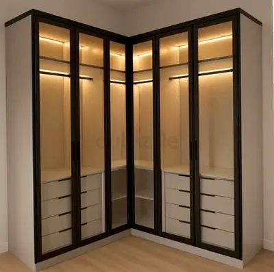 Corner glass-door wardrobe with built-in drawers and LED lighting