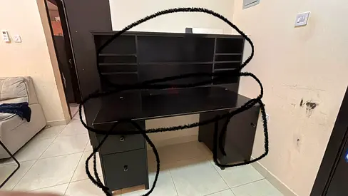 Used Black Wooden Study Desk with Hutch and Drawers