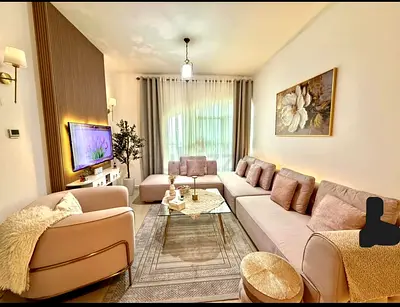Modern Light-Pink L-shaped Sofa Set with Armchair and Coffee Table