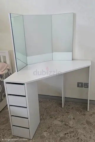White Corner Dressing Table with Tri-Fold Mirror and Drawers