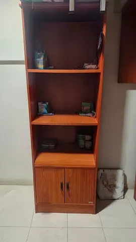 Tall wooden bookshelf with lower cabinet - good used condition