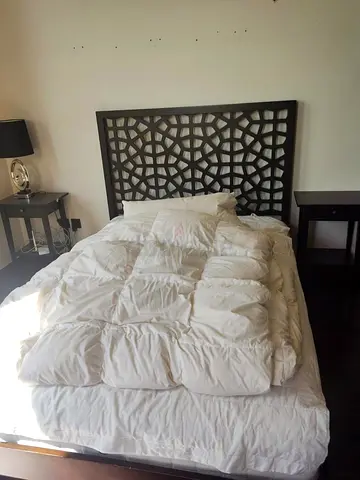 West elm Queen bed frame only with decorative geometric headboard - dark wood