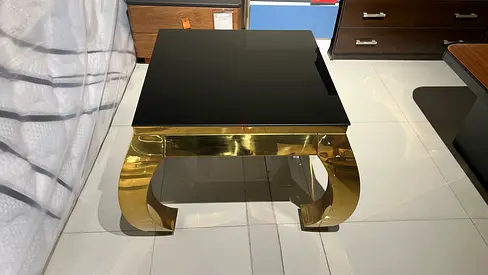 Black Glass Top Coffee Table with Brass Curved Base