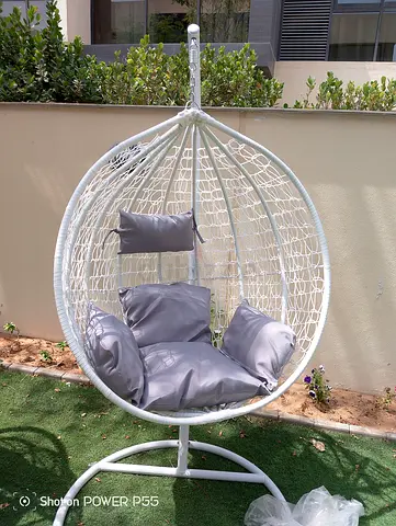 White Rattan Hanging Egg Chair with Cushions - Free Standing