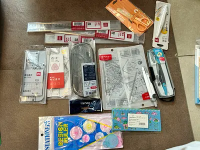 New/Unused Stationery Bundle — Rulers, Compasses, Scissors, Erasers, Pencils