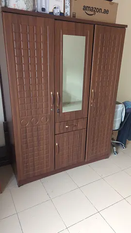 Wooden 3-Door Wardrobe with Mirror - Good Condition