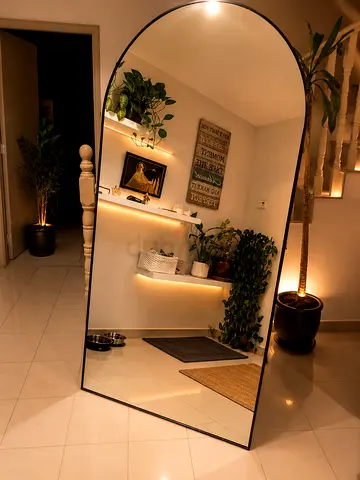 Large Arched Full-Length Floor Mirror with Black Frame