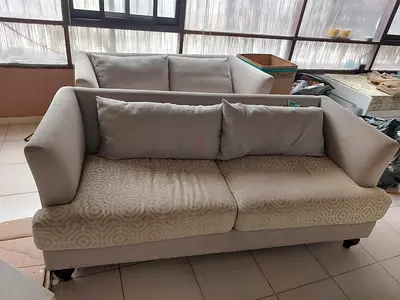 Light beige 5-seater sofa with matching cushions - good condition but needed cleaning