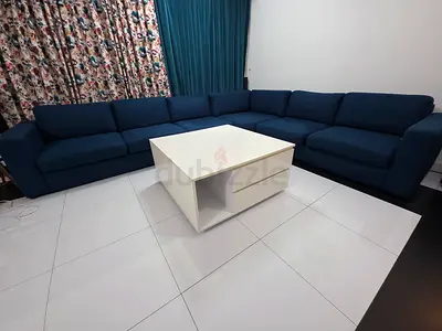 Large L-shaped Navy Blue Fabric Sofa (Good Condition)