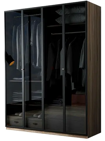 4-Door Glass Wardrobe Armoire – Dark Wood Finish, Spacious