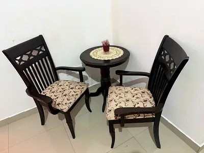 Dark Wood Pair of Armchairs with Round Side Table - Good Condition