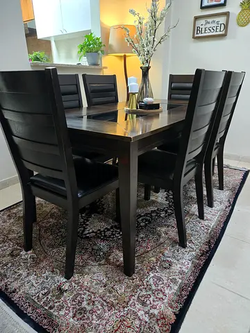 Solid Wood 6-Seater Dining Table with 6 Chairs - Dark Finish