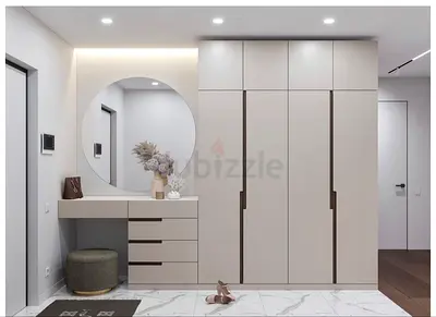 Modern built-in wardrobe with vanity and storage — beige finish