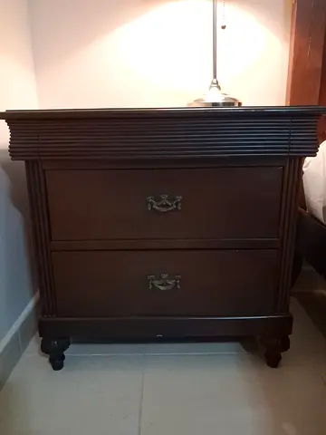 2 solid wood dark bedside table / nightstands with two drawers