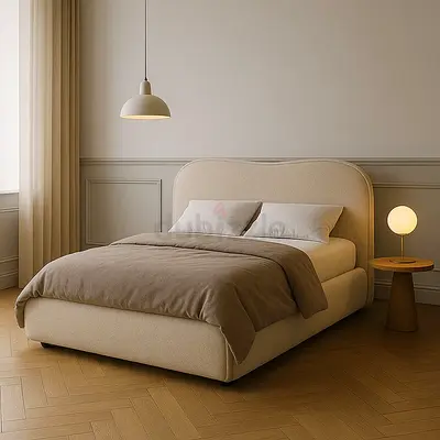 Beige upholstered double bed with curved headboard - good condition