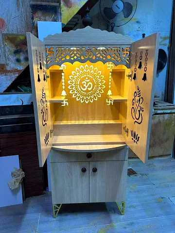 Wooden Pooja Mandir Cabinet with LED Light and Storage