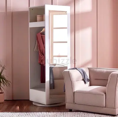 White freestanding rotating wardrobe with mirror - compact armoire