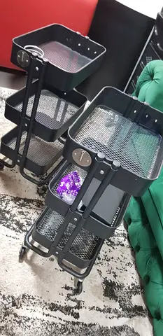 Set of 2 Black Metal Mesh Rolling Trolleys - 3-Tier Utility Carts