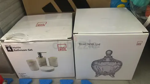 Bathroom accessory set (soap dispenser, tray, jar) - and glass candy jar new in box