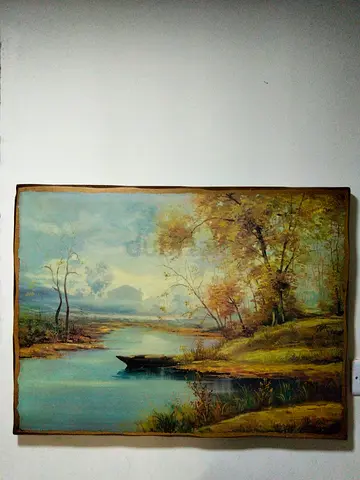 Original framed landscape oil painting— riverside scene with boat
