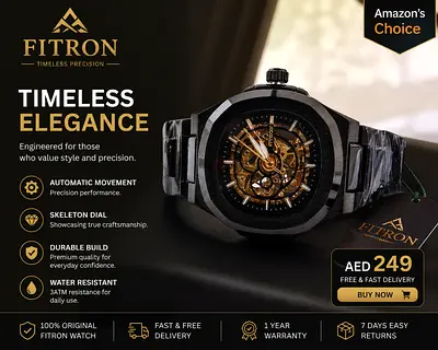 Fitron Automatic Skeleton Men's Watch - Black, AED 249 ==> Now 149 Only