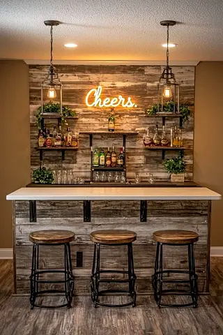 Home bar setup with wooden back wall, countertop and 3 industrial stools